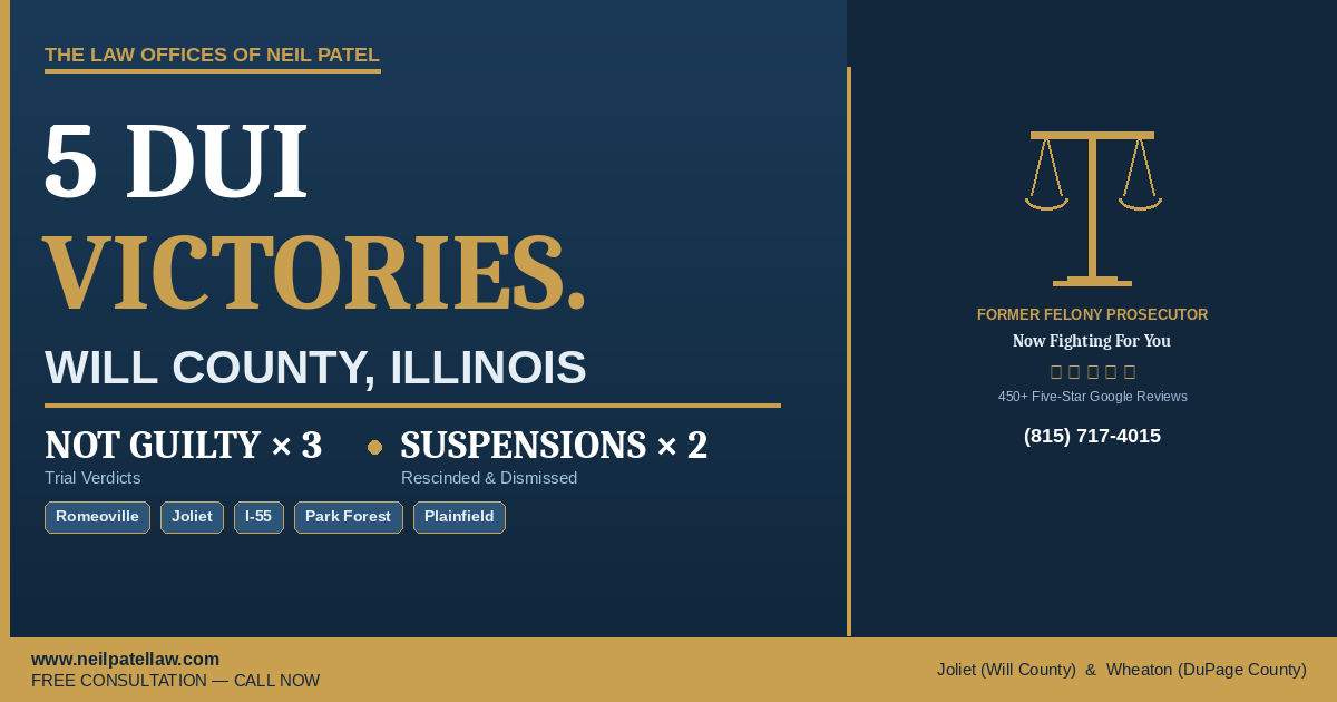 Will County DUI attorney Neil Patel wins 5 cases — not guilty verdicts in Romeoville, Joliet and Park Forest Title: Will County DUI Trial Victories | Neil Patel Law